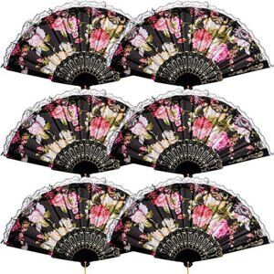 Elegant Floral Lace Folding Hand Fan – 6 Pieces Black with Colorful Roses